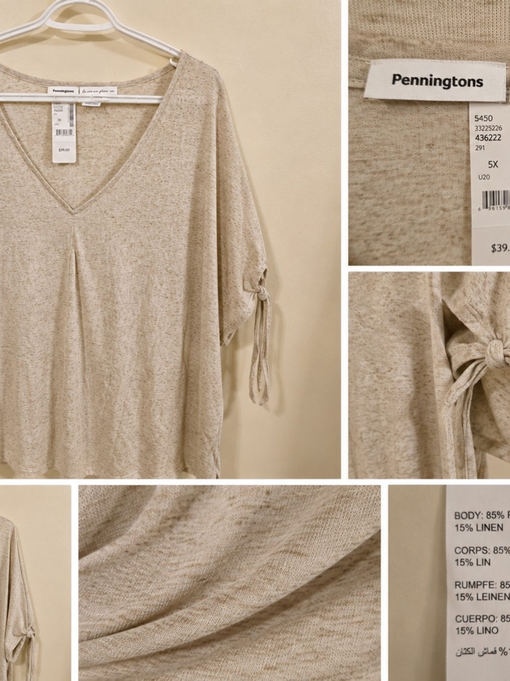 Penningtons Beige Tie-Sleeve V-Neck Knit Top
